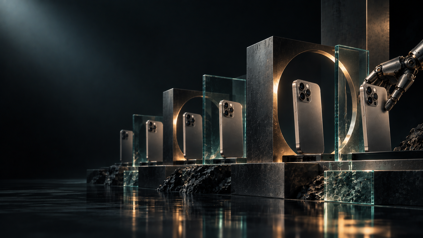 Conceptual artwork of iPhones in illuminated bronze arches, representing circularity at scale.