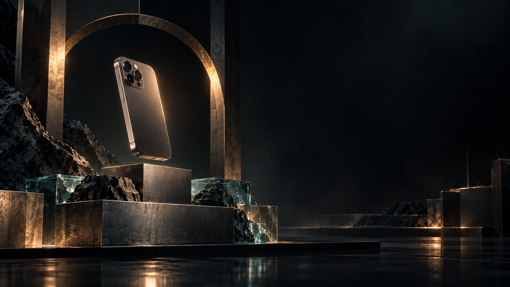 An iPhone suspended above bronze, glass and mineral forms.