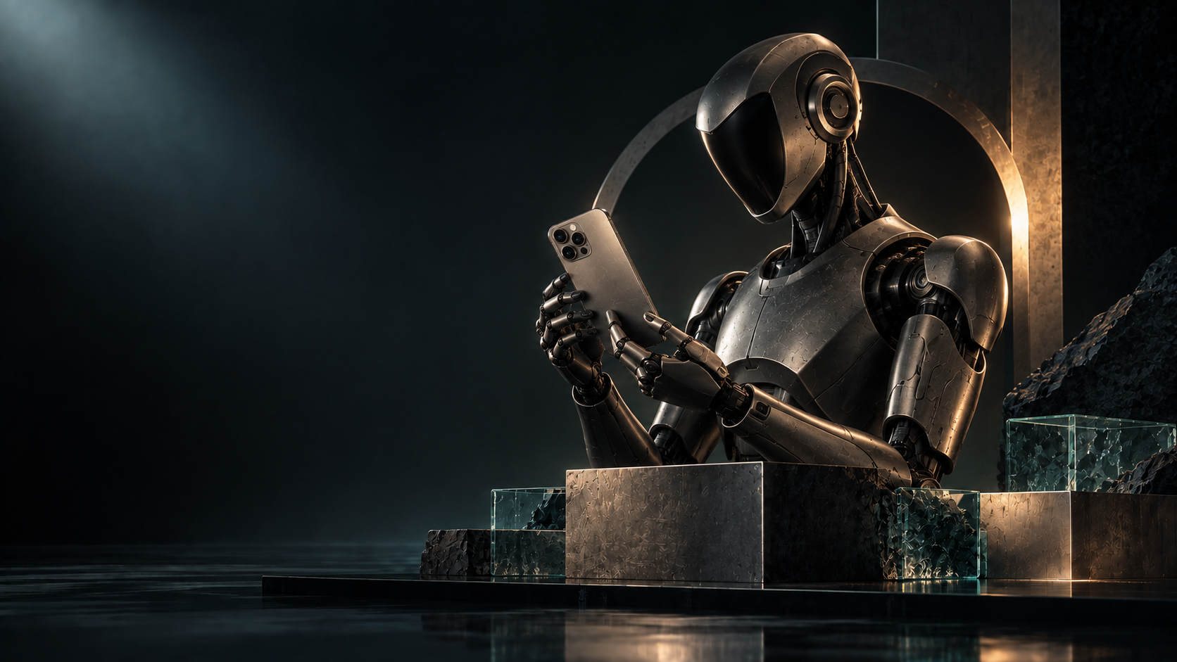 A sculptural humanoid studying an iPhone in the same bronze and mineral landscape.